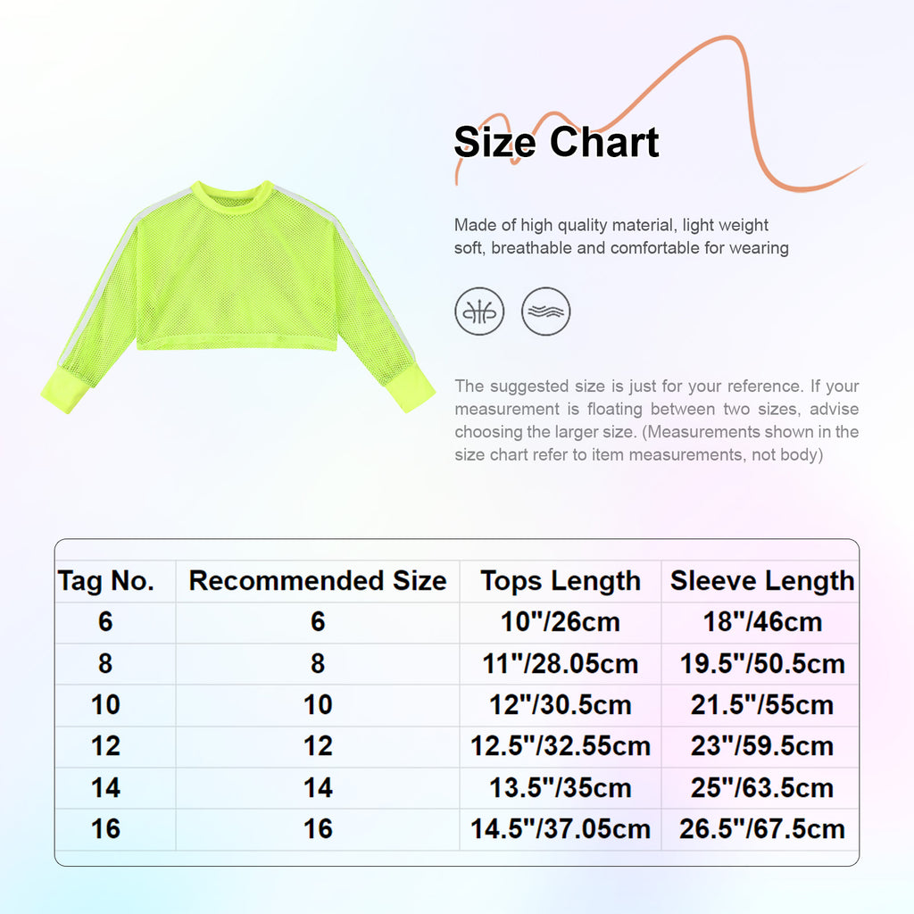 Kids Girls Fishnet T-shirt Hip Hop Street Dance Tops Long Sleeve Round Neck Hollow Out Mesh Crop Top for Workout Gym Sportswear