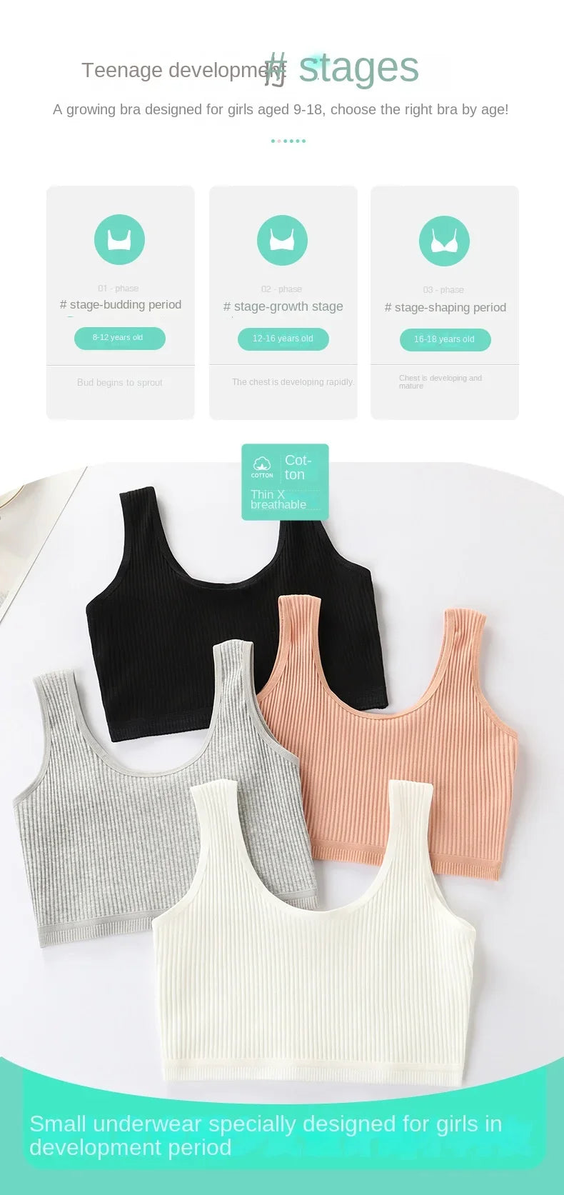 Girls Bra Crop Tops for Teens Underwear Breathable Kids Sports Training Bras Children Soft Cotton Teenager Clothing