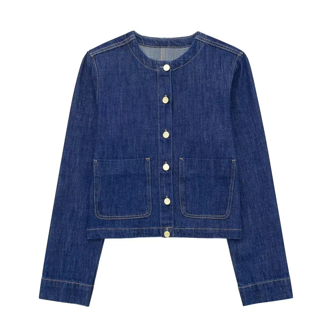 HH 2024 Spring Women 2 Piece Denim Trousers Suits Solid O Neck Coat Top + Pockets Elegant Female Straight Wide Leg Long Pant