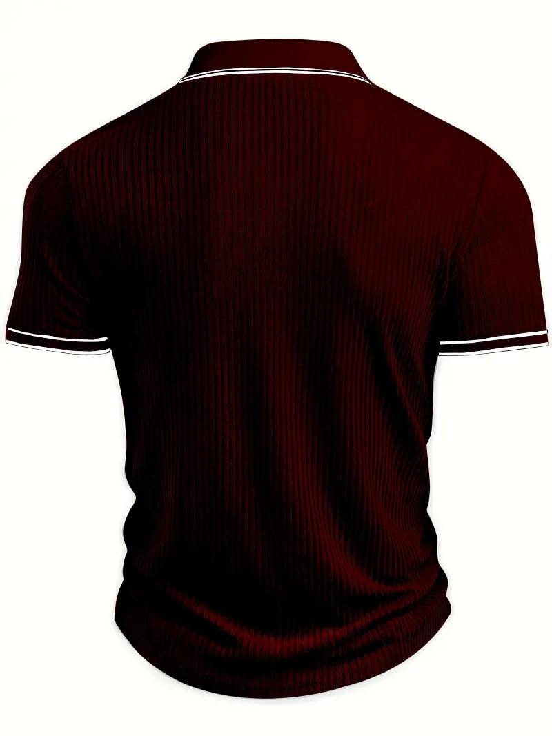 Men Ribbed Knit Polo Shirt Short Sleeve Turn Down Collar Contrast Trim Button Placket Slim Fit Casual Top