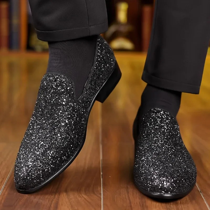Men Formal Party Shoes New Luxury Loafers Men Gold Silver Sequin Wedding Shoe Fashion Designer Slip on Flats High Quality