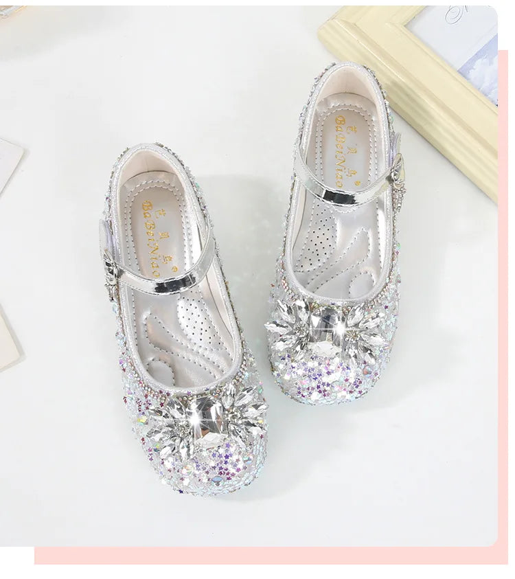 Girls Leather Shoes Fashion Flat Child New Sequin Flash Single Shoes Little Kids Crystal Princess Footwear Wedding Party Shoes