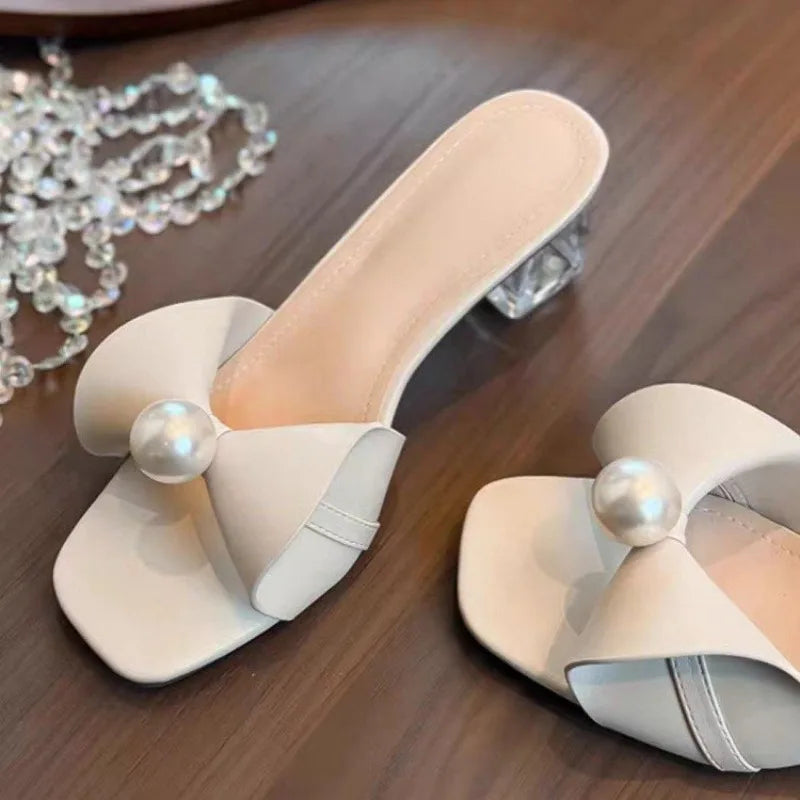 2026 Summer New High Heel Slippers Women Charm Pearl Coarse Heel French Cool Slippers Shoes Women