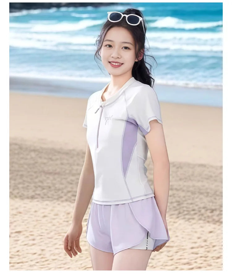 Summer New Girls Swimwear Teen Conservative Two Piece Sports Swimsuit for Developing Youth