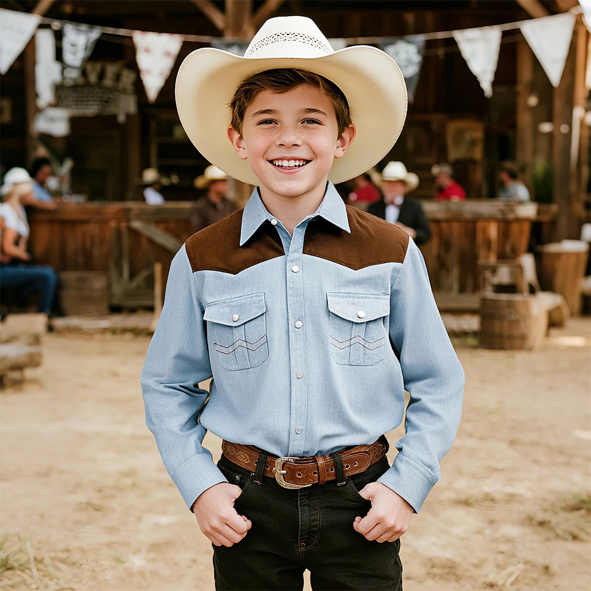 Boys Western Shirts Toddler Cowboy Button Down Denim Shirt Children Spring and Autumn Tops 4-12 Years