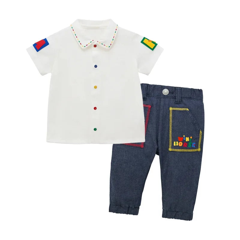 2026 Summer Kids Button Down Shirt Baby Boy Girl Casual Cotton Blouse Colorful Buttons Alphabet Embroidery Undershirt Tops