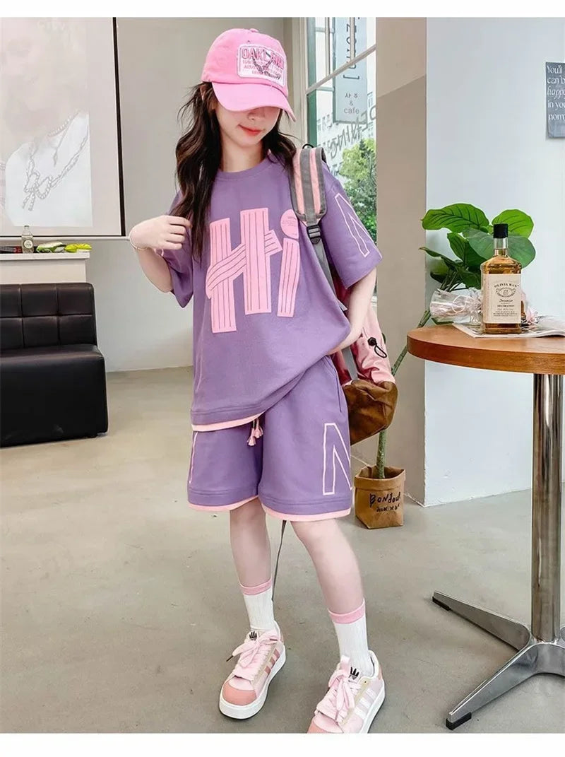 Girls T-Shirts Sets Clothes Kids Short Sleeve Tops+Shorts 2Pcs Children Clothes Suits Teen Loose Casual 2025 Outfits 5-14 Years