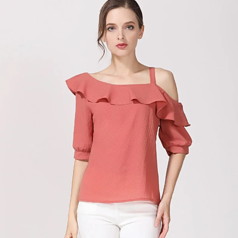 Fashion Women Blouses Sexy Slash Neck Chiffon Women Blouse Shirt Short Sleeve Summer Ladies Tops