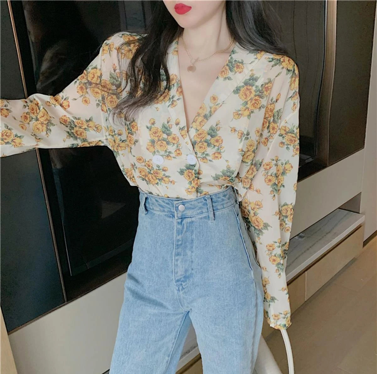 Women's Shirts And Blouses Button Up Top For Woman With Bow Clothing Floral Loose Sleeves Y2k Elegant Youth Xxl Stylish M