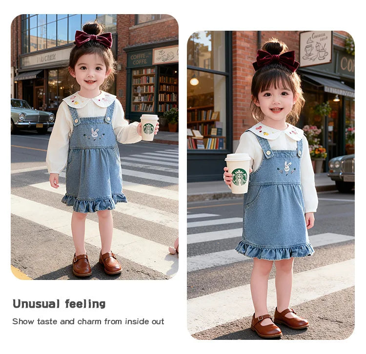 Girls Shirt Set Spring 2026 New Foreign Style Two-piece Set Baby Denim Strap Skirt