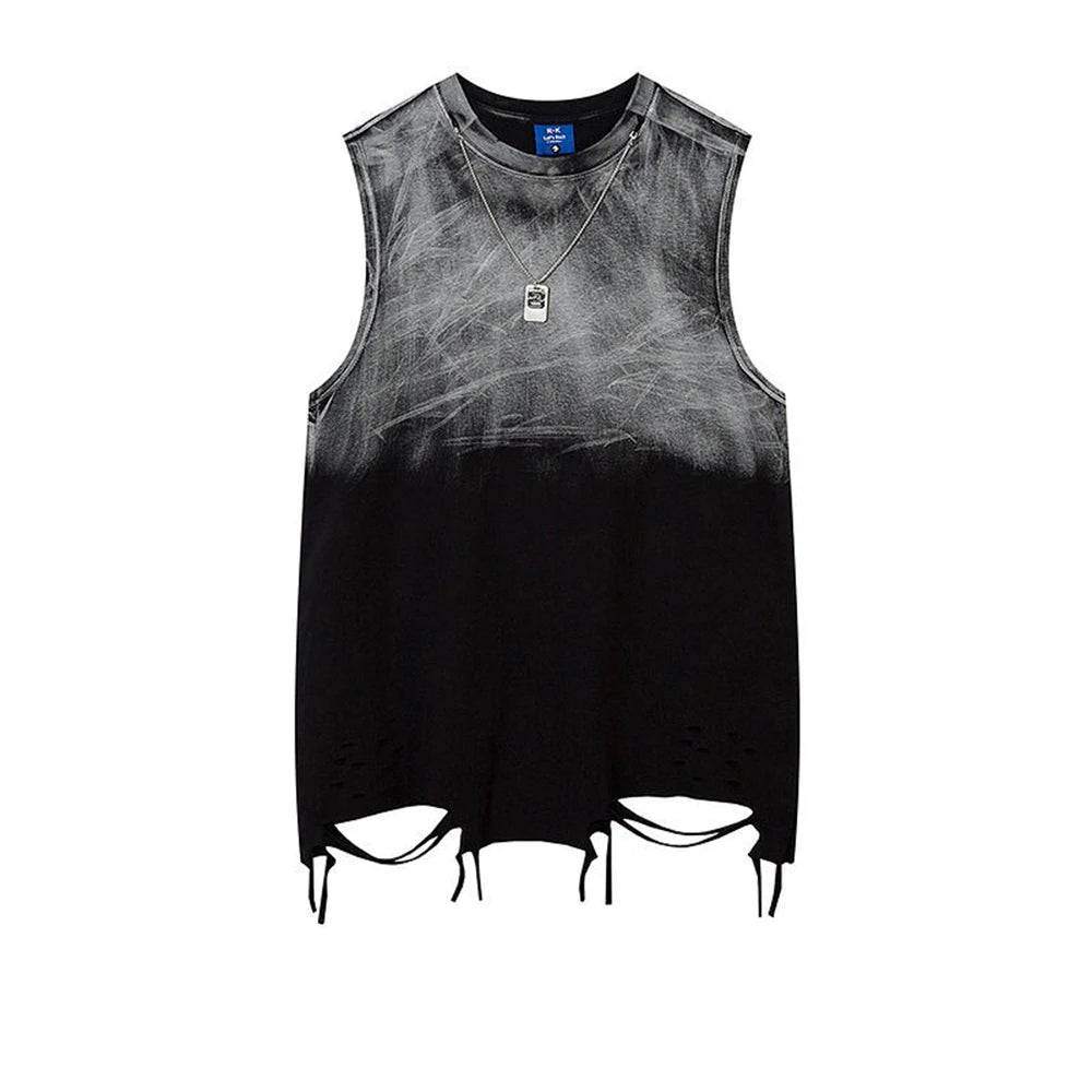Summer New Men's Color Matching Raw Edge Sleeveless Vest American Retro Fashion Trend Street Loose Breathable Niche Men's Tops