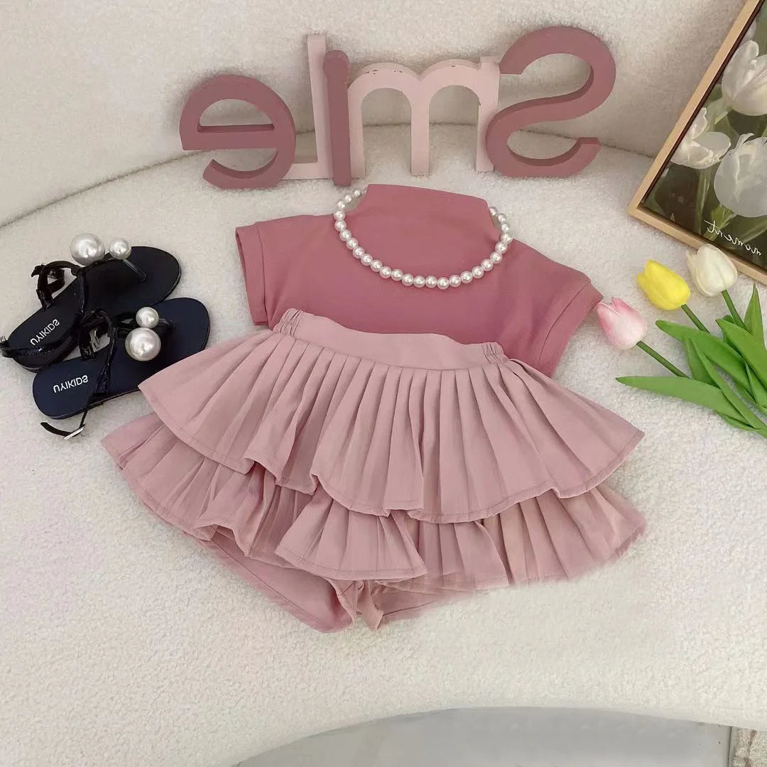 Girls Set 2024 New Girls Summer Short Sleeved Pleated Skirt Two Piece Set Girls Summer Lovely Princess Clothes