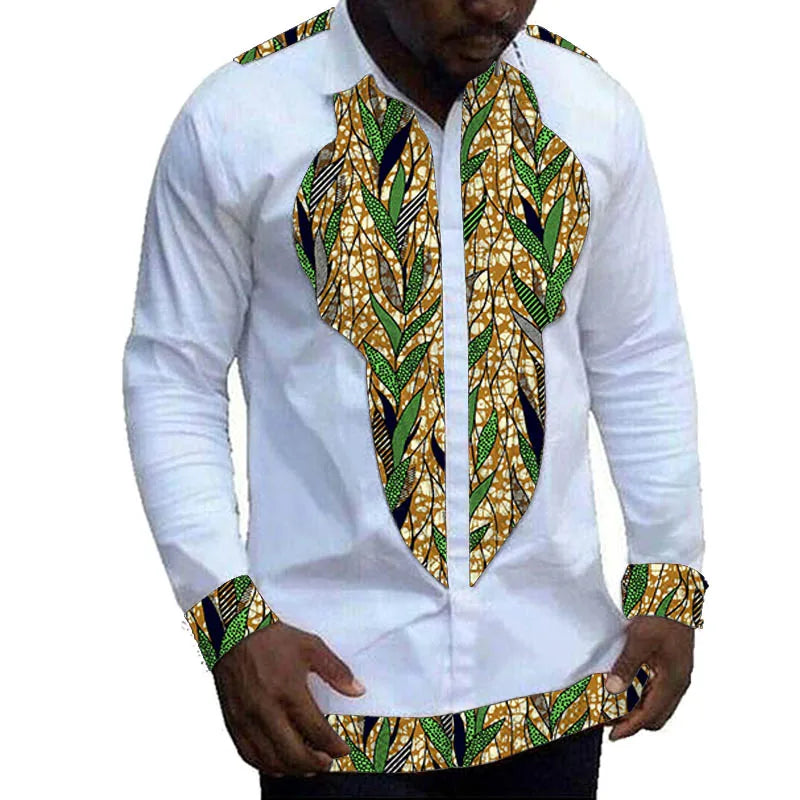 Nigerian Fashion White Men's Shirts Modern Design Casual Shirt Patchwork Long Sleeved Lapel Top African Couture Party Wear