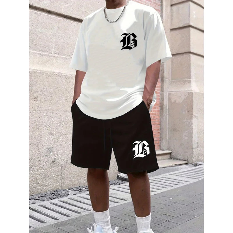 Men'S Casual Black T T-Shirt And Shorts Set，With A Bold“B”Printing - Machine Washable，Summer Streetwear