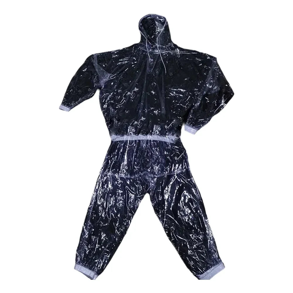 2-piece Men Women Set See Through Plastic Hooded T-shirt Pants Rainproof Long Sleeve Hoodie Trouser Waterproof Costumes