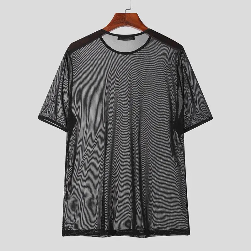 2024 Men T Shirts Mesh Transparent O-neck Short Sleeve Streetwear Men Clothing Solid Color Sexy Fashion Camisetas S-3XL INCERUN