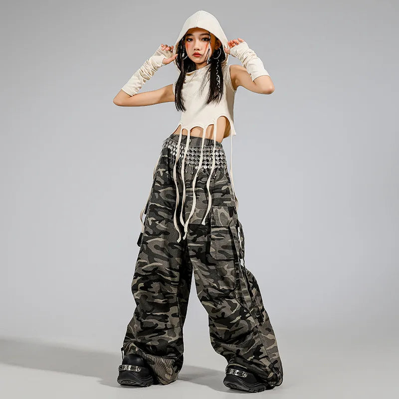 Kid Modern Dance Clothes Girl Jazz Dance Lace up Crop Hoodie Camouflage Pants Navel Performance Suit Kpop Group Stage Costume