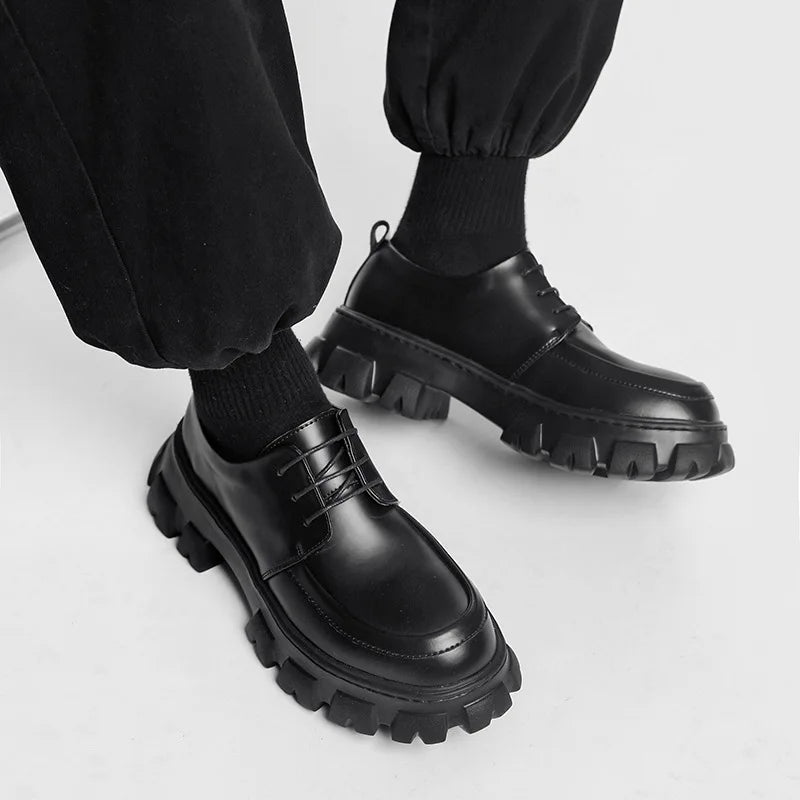 Male Leather Shoes Men 2023 New Chunky Platform Retro Work Shoes Spring Autumn Derby Shoes Highstreet Low Top Man Casual Flats