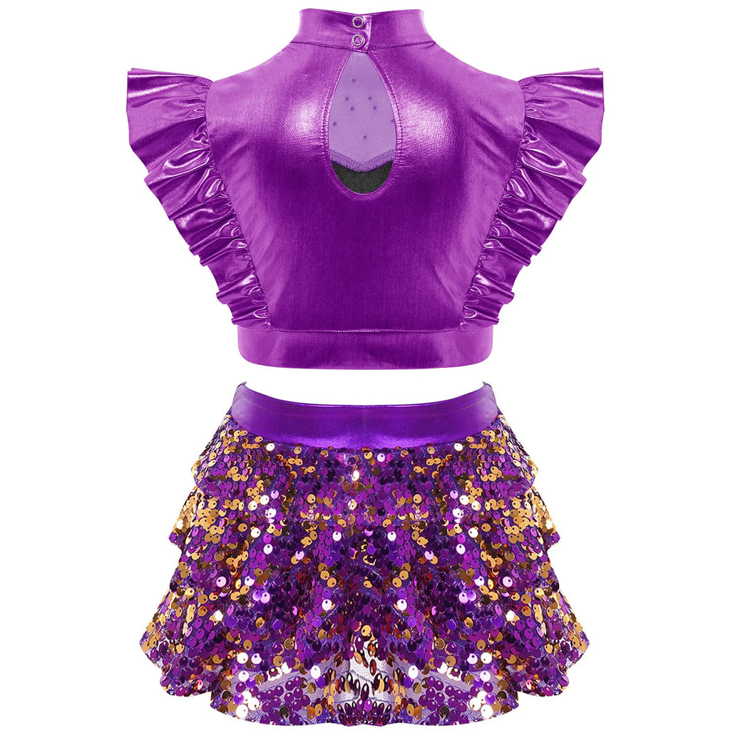 Kid Girls Hip Hop Dance Clothes Kids Jersey Sequin Tiered Skirt Long Tank Top Jazz Metallic Holographic Crop To Cheerleading Set
