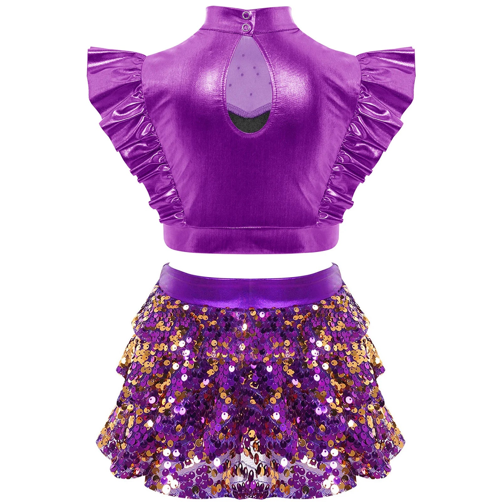 Kid Girls Hip Hop Dance Clothes Kids Jersey Sequin Tiered Skirt Long Tank Top Jazz Metallic Holographic Crop To Cheerleading Set