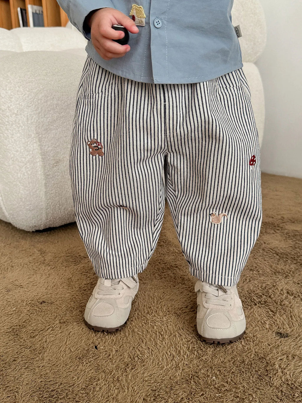 2026 Fall New Toddler Kids Pants Cotton Cartoon Embroidered Harem Pants Baby Boy Casual Striped Denim Baggy Trousers