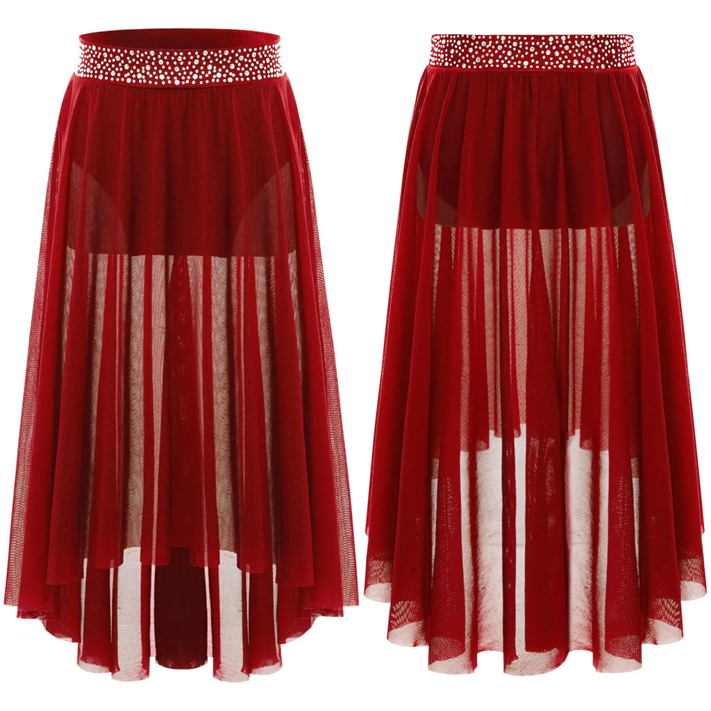 Kids Girls Lyrical Modern Dance Skirt Shiny Rhinestones Open Front Flowy Sheer Mesh Skirt with Built-in Briefs Ballet Dresses