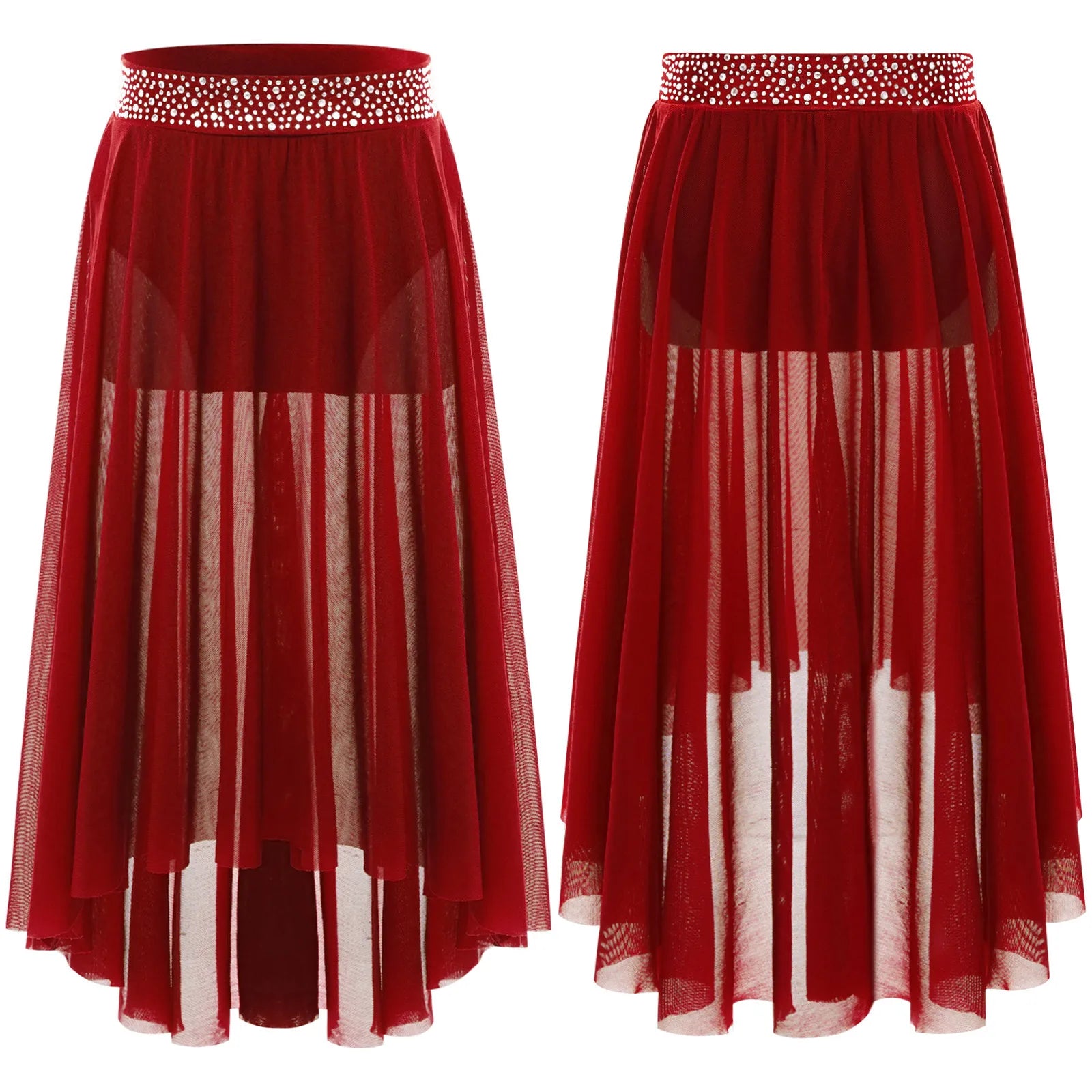Kids Girls Lyrical Modern Dance Skirt Shiny Rhinestones Open Front Flowy Sheer Mesh Skirt with Built-in Briefs Ballet Dresses