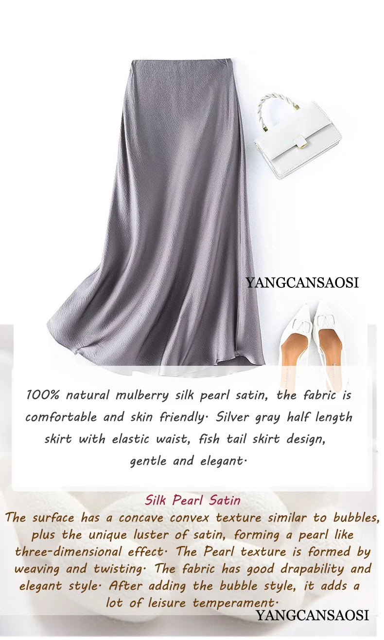 2025 Women's Summer New 100% Natural Mulberry Silk Pearl Satin Dark Grey Elegant Diagonal Cut Wrapped Hip Fishtail Skirt