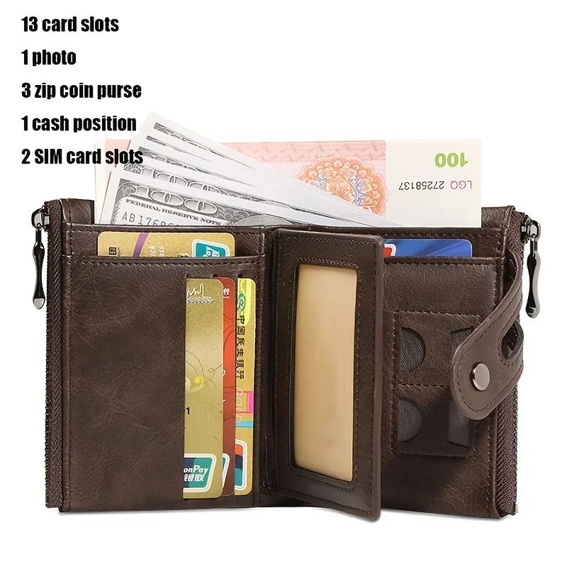 New Men's Chain Wallet RFID Anti-Theft Men's PU Leather Wallet Double Zipper Coin Purse Credit Card Holder for Men and Women