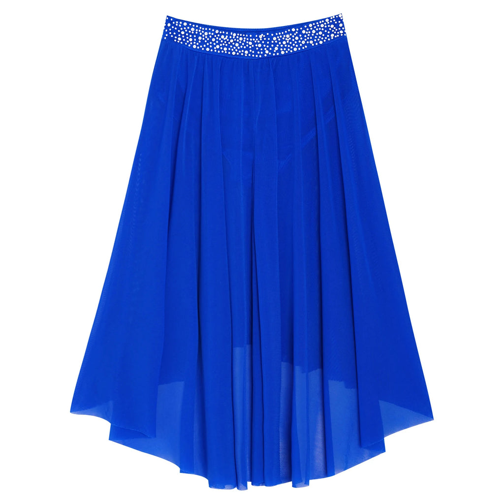 Kids Girls Lyrical Modern Dance Skirt Shiny Rhinestones Open Front Flowy Sheer Mesh Skirt with Built-in Briefs Ballet Dresses