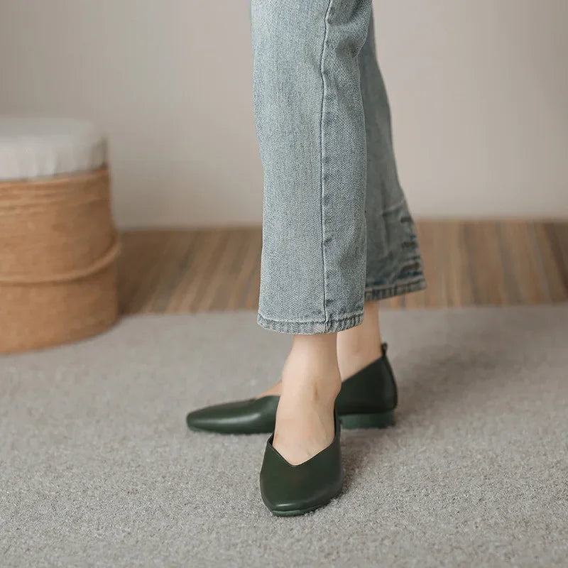 Genuine Leather Multi-color Low-heeled women's Shoes  Round Toe Flat Bottom Shallow Cut Single Shoe Casual Versatile Loafers