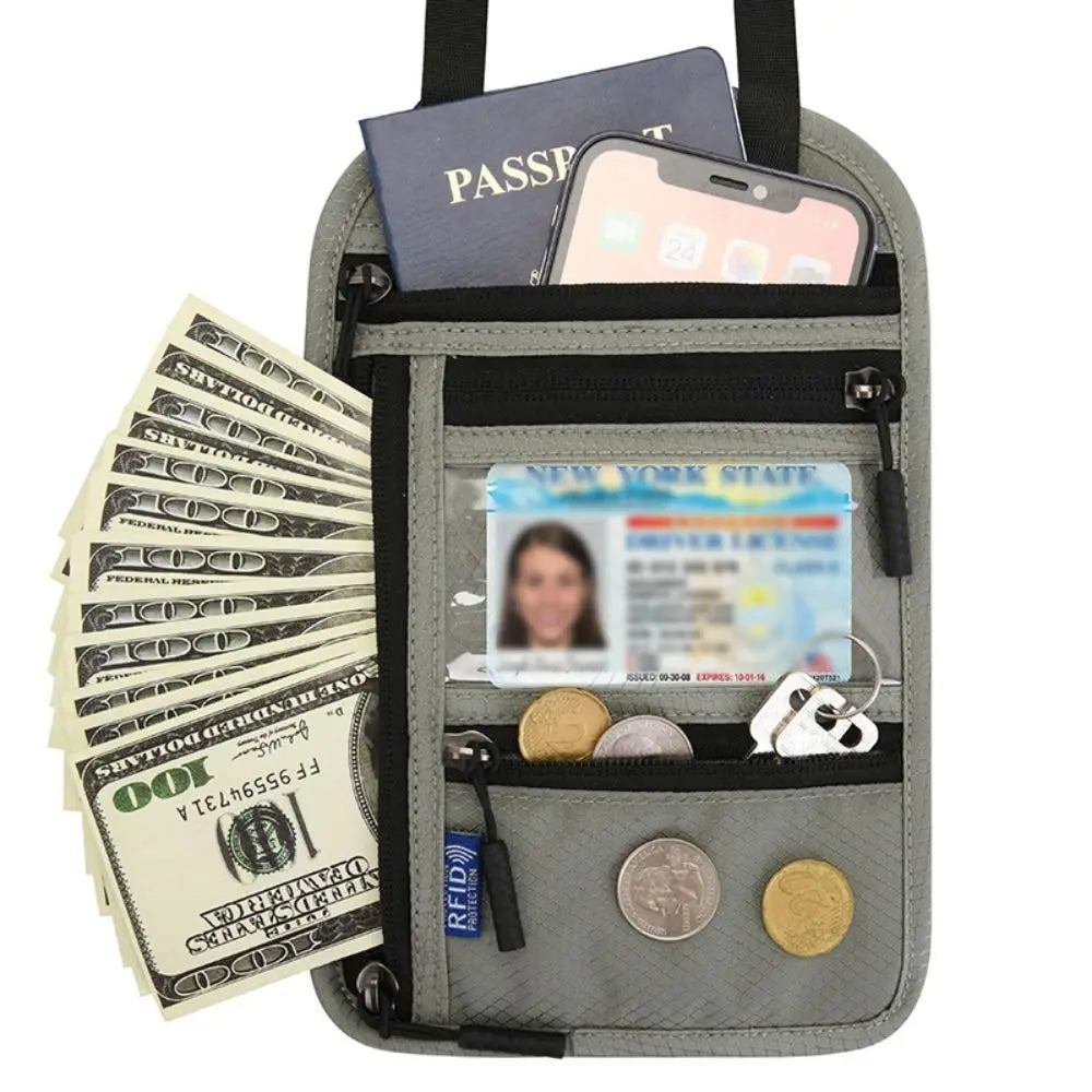 Anti-theft Security Stash Pouch Nylon RFID Blocking Passport Bag with Adjustable Neck Strap Waterproof Travel Neck Wallet