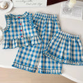 Girls 3-Piece Outfit Set – Blue Plaid Floral Sleeveless Top + Wide Leg Pants & Shorts, Summer Mix & Match Clothes