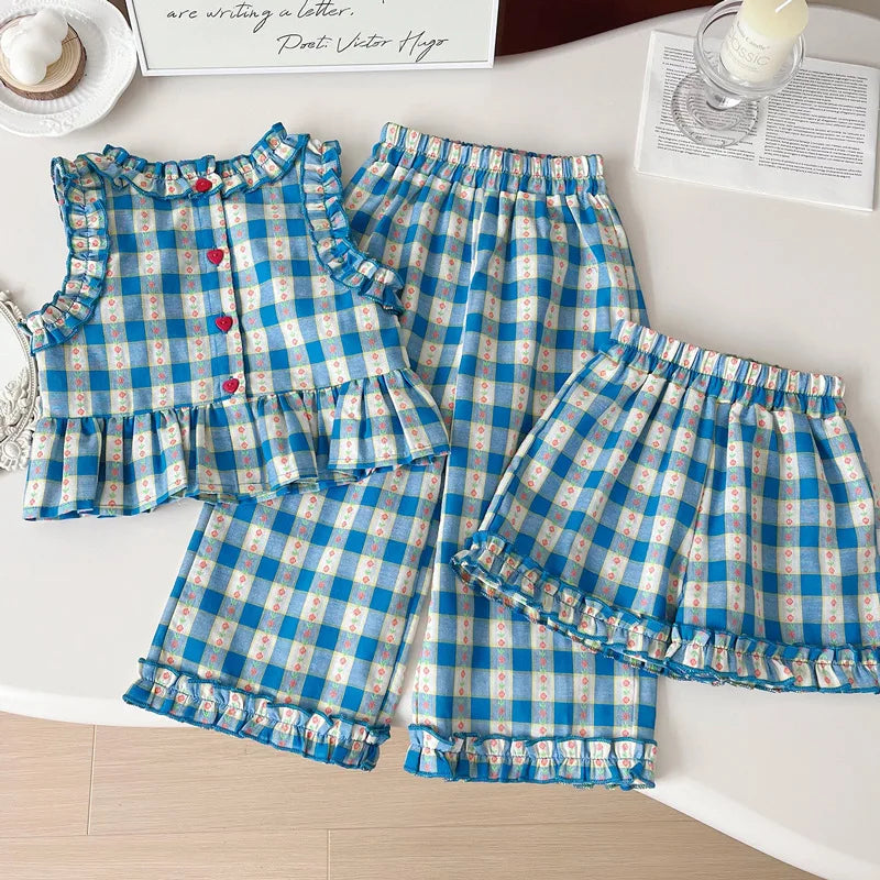 Girls 3-Piece Outfit Set – Blue Plaid Floral Sleeveless Top + Wide Leg Pants & Shorts, Summer Mix & Match Clothes