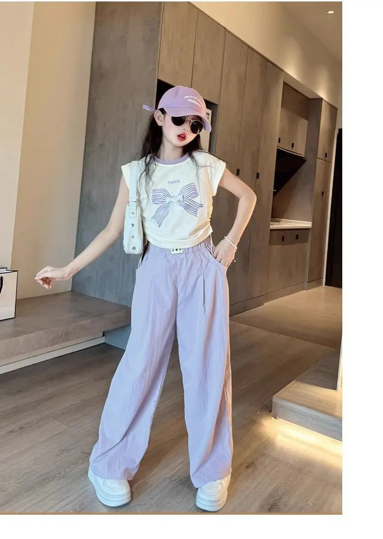 Teen Girls Summer Clothes Color Matching Cartoon T-shirt Trousers Two-piece Suit New Korean Style Sports Suit Children Outfit