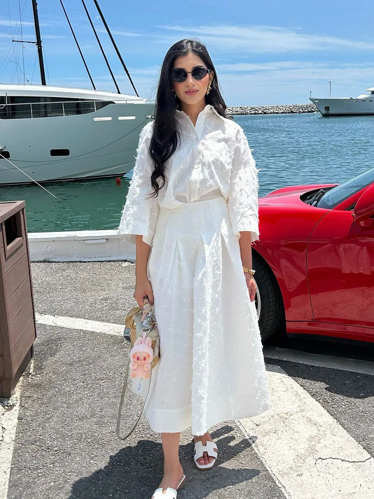 HH Women Shirt Skirt Suit Lapel Single-Breasted Tassel Decoration Casual Shirt Top+Fashion High Waist Zipper Pleated Skirt