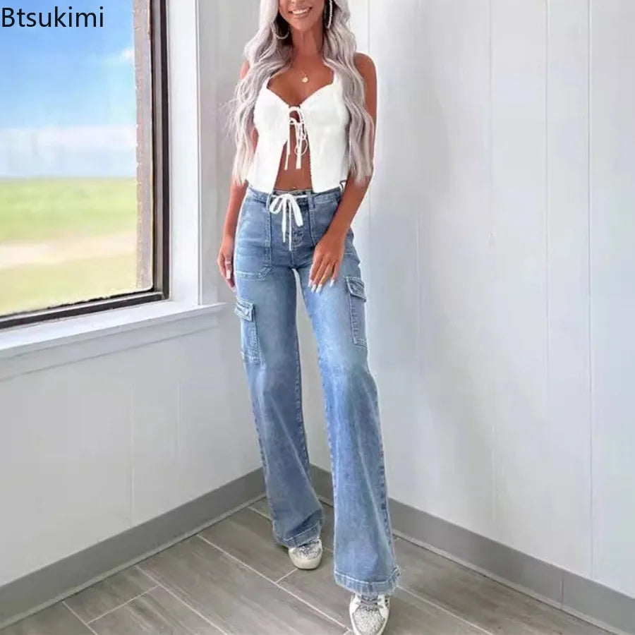 2026 Women's Casual Straight Leg Jeans Pants Fashion Style Belt and Multiple Pockets Functional Work Pants Female Cargo Trousers