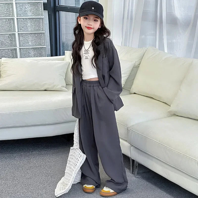Girls Blazer Set Spring Autumn Fashion Loose Fit Jacket Trousers 2-Piece Kids Casual Outfit Trendy School Children Clothes Suit