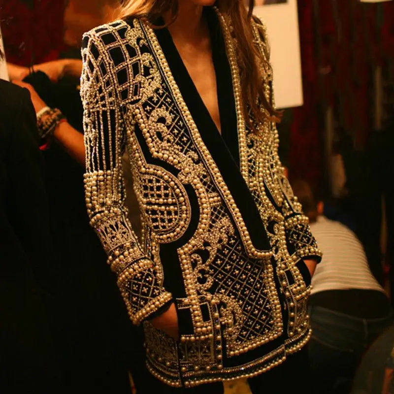 New Fashion Beaded V-neck Blazers for Women Streetwear Trendy High Quality Suit Jacket Coat Outerwear Female Clothing