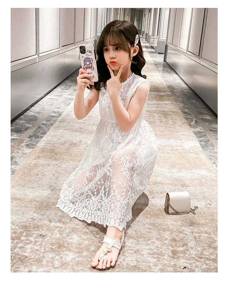 2026 summer Teenager kids Girls clothes floral mesh Princess white Dress lace off shoulder sleeveless 5 6 7 8 9 10 11 12 Years