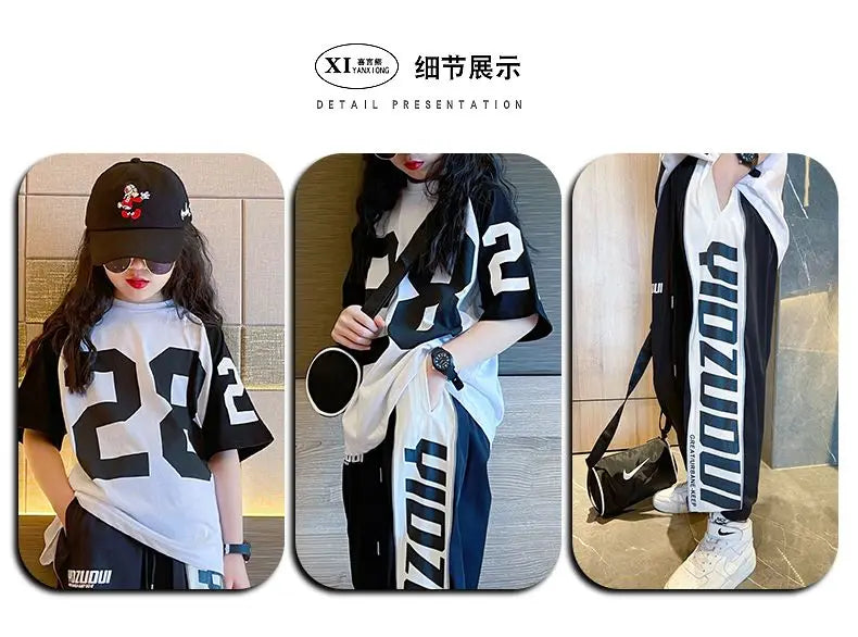 Girls Summer New Fashion Sports Cotton 2pcs T-shirts+Pants Suits 5-14 Years Teenage Girls Hiphop Oufits Tops Sets Kids Clothing