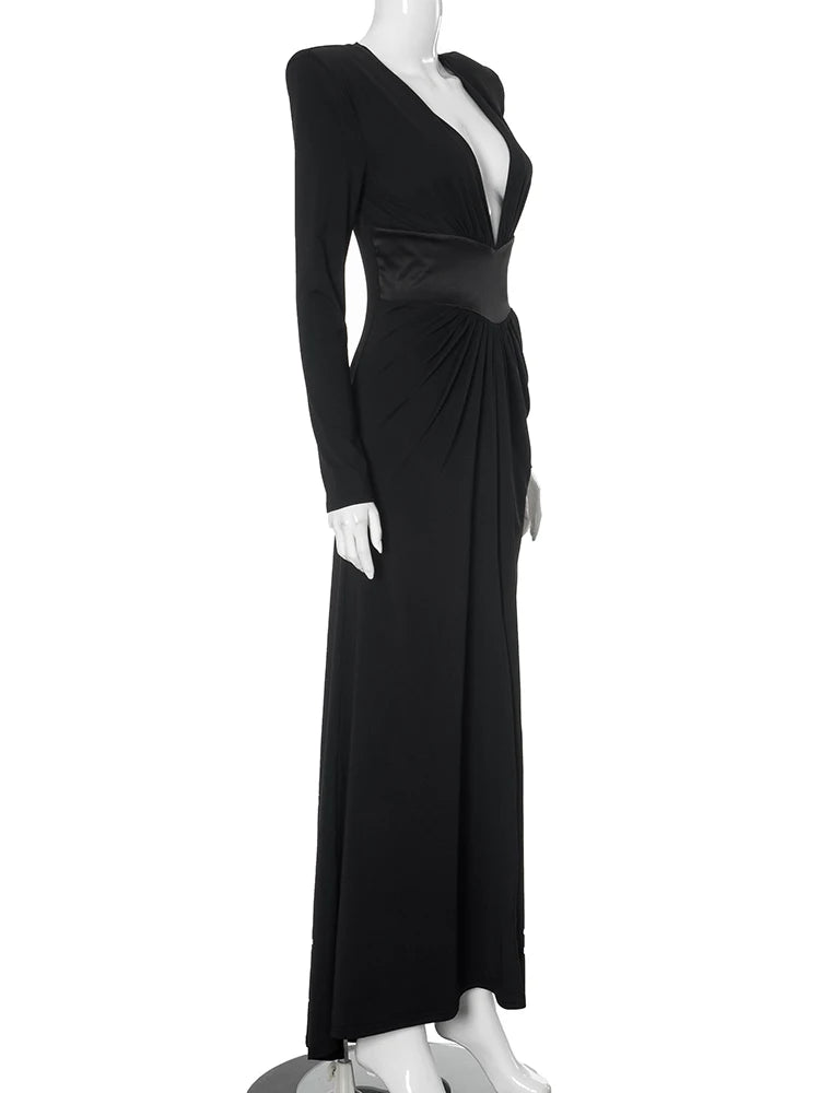 Nibber Elegant Women Dress Deep v-Neck Long Sleeves High Slits Skinny Solid Classic Premium Ruffles Temperament Banquet Vestidos