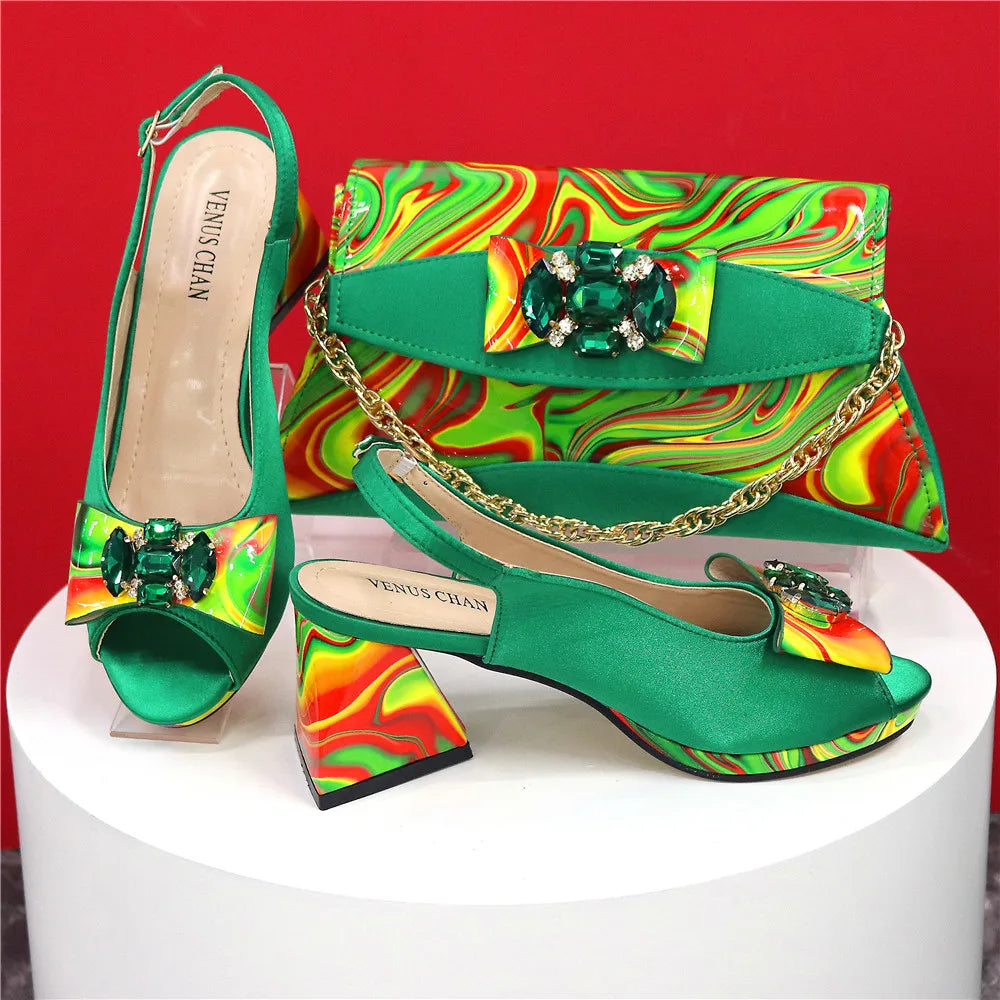 Sandals Woman Summer Ladies Shoes and Bag Decorated with Rhinestone Women Shoe and Bag Set for Party In Women Nigerian Shoe Bag