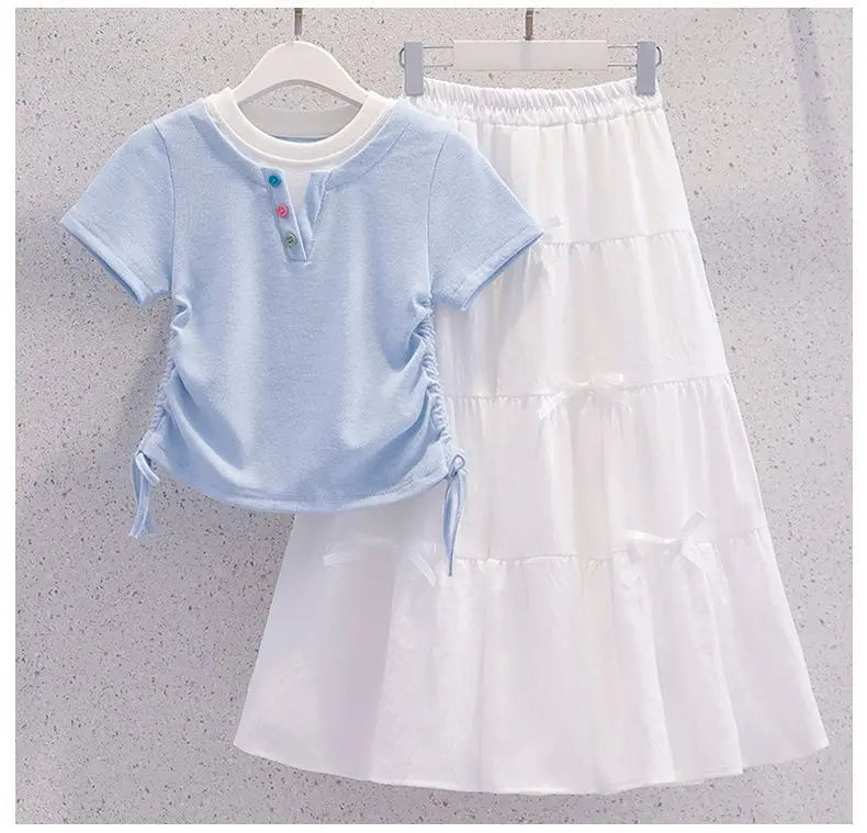 Summer Teenage Girls Clothes Set Children O-Neck Tshirt and Mid Skirt Suit Student School Short Sleeve Top Bottom Outfits