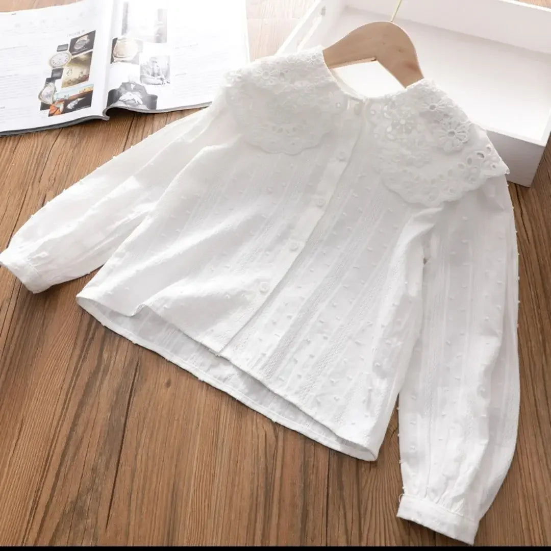 Blouses Girl Undershirt Shirt Baby Lace Korean Shirt Fashion Children Cotton Tops 2024 Turn Down Collar Button Sweet