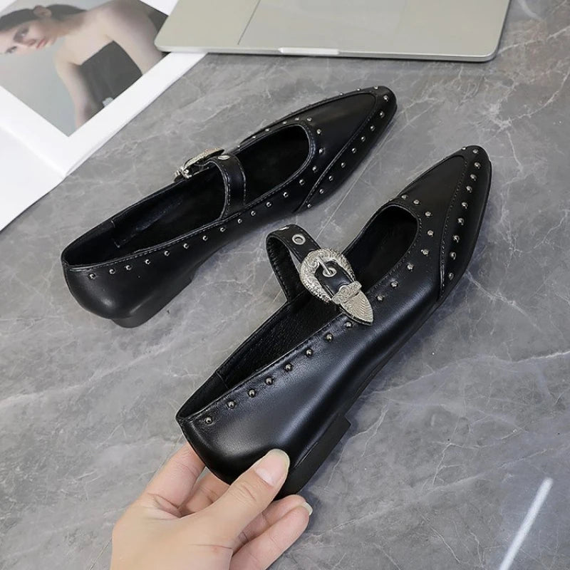 Women's Dance Shoes, Lightweight Punk Rivet Mary Jane Flats, Metallic Pointed Toe Casual Shoes for Festival,Party and Streetwear
