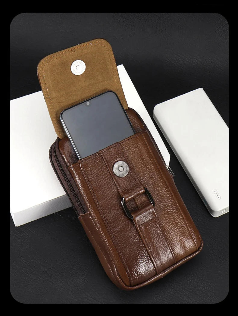 Men's Mobile Phone Waist Bag Outdoor Work Chest Bag PU Cigarette Case Key Chain Wear Belt Backpack Sport Hiking Portable Satchel
