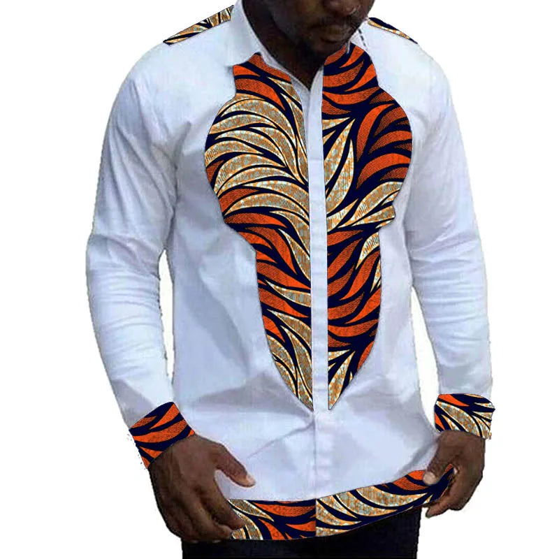 Nigerian Fashion White Men's Shirts Modern Design Casual Shirt Patchwork Long Sleeved Lapel Top African Couture Party Wear