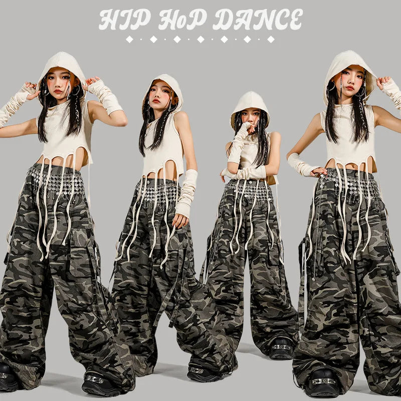 Kid Modern Dance Clothes Girl Jazz Dance Lace up Crop Hoodie Camouflage Pants Navel Performance Suit Kpop Group Stage Costume