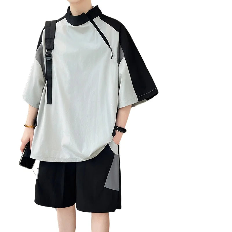 【T-Shirt + 5-Point Shorts】Men's T-Shirt Set Summer Fashion Nylon Blend Diagonal Neck Streetwear Sports Leisure Two-Piece Suit